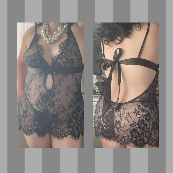Sz 10/12 Black Lace Eyelash Babydoll & Panty Set - Picture 9 of 10